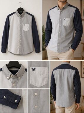 American Eagle Outfitters Two-Tone Button-Down Shirt in Navy & Light Gray